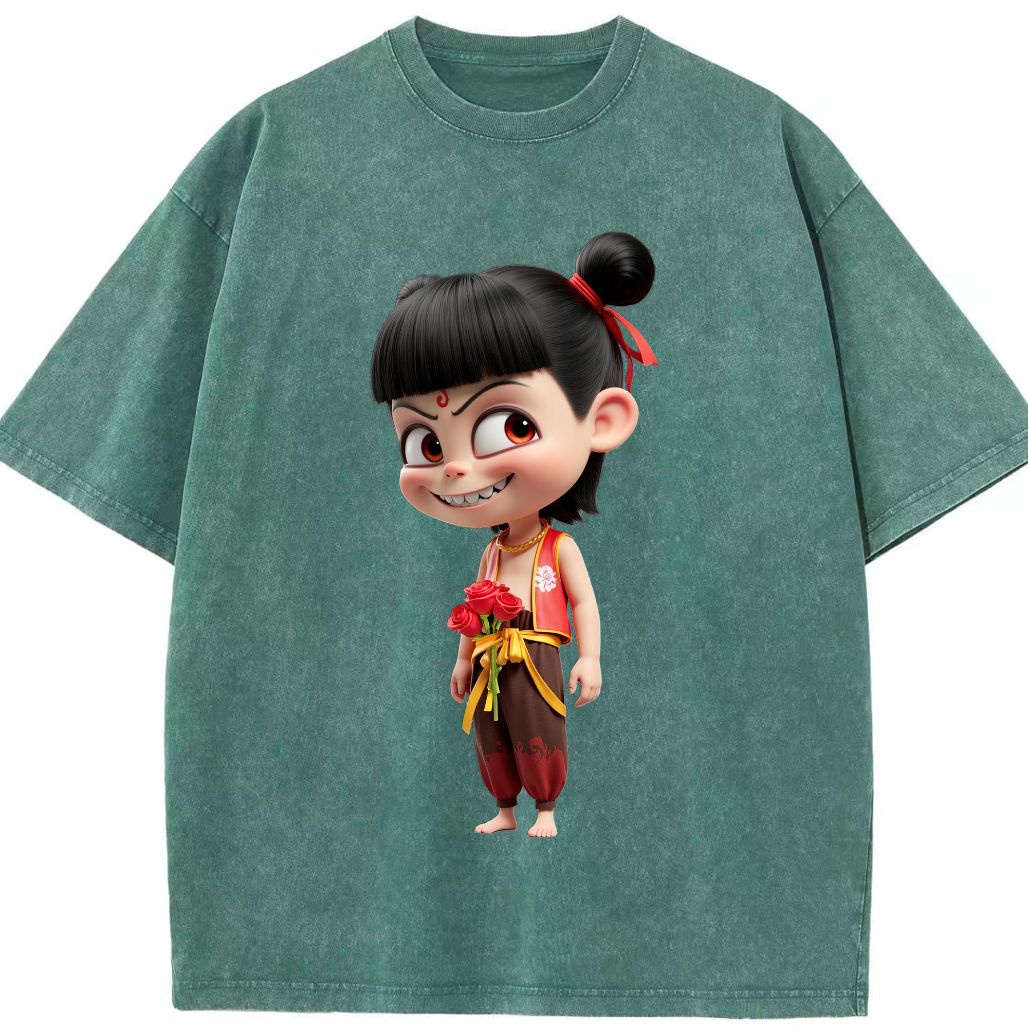 （画像用） Ne Zha 2 ナタ 魔童の大暴れ 綿100% ヴィンテージ風 半袖Tシャツ（フロントプリント）
